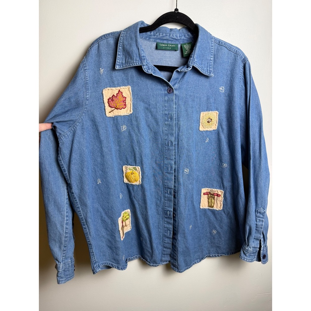 Vtg Fall Denim Button Down Sz 1X Pumpkin Patchwork Harvest Cottagecore Jacket